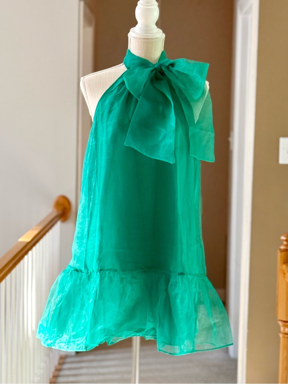 Maeve by Anthropologie Organza Bow-Neck Kelly Green Halter Tie Mini Dress - Picture 2 of 10